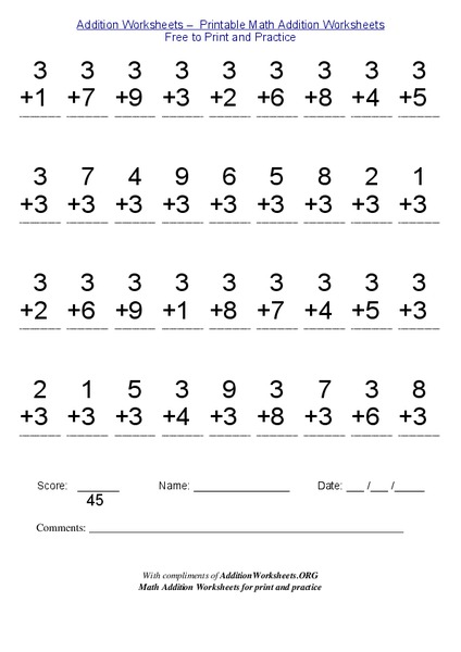 Adding Numbers 1-9 Worksheet