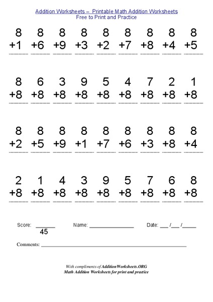 Adding Numbers 1-9 Worksheet