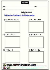 Adding Like Terms Worksheet