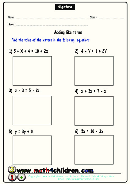 Adding Like Terms Worksheet
