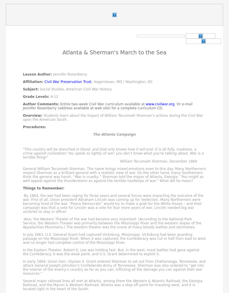 Atlanta and Sherman's March to the Sea Lesson Plan