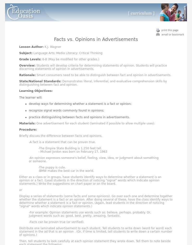 Facts vs. Opinions in Ads Lesson Plan