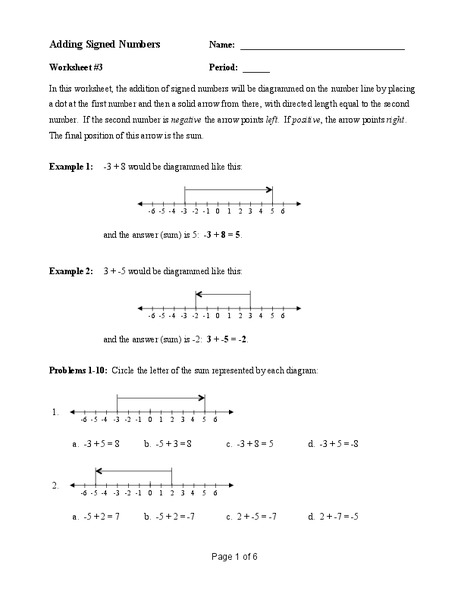 Adding Signed Numbers Worksheet