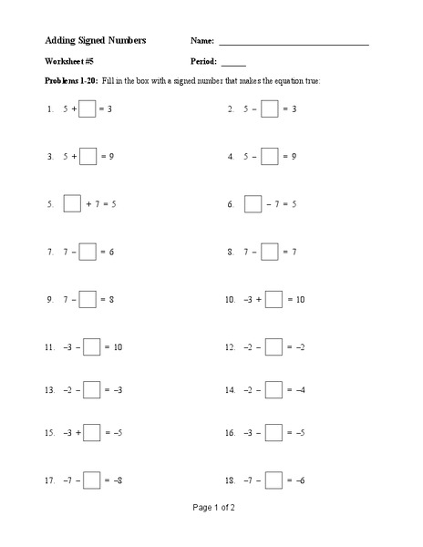 Adding Signed Numbers Worksheet