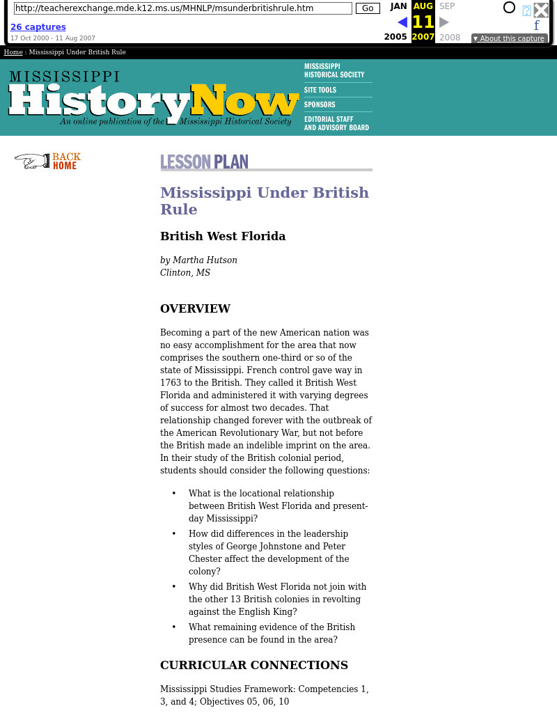 Mississippi Under British Rule Lesson Plan