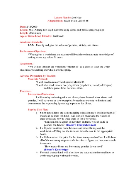 Adding Two-Digit Numbers Using Dimes and Pennies Lesson Plan