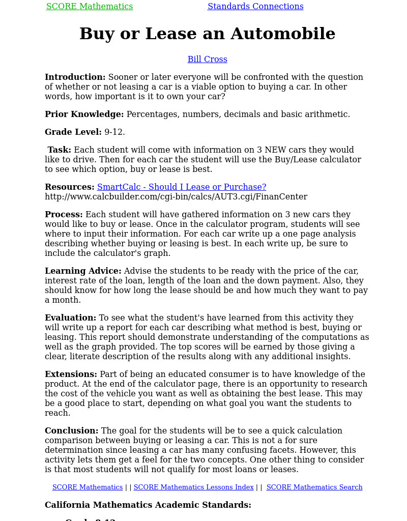 Buy or Lease an Automobile Lesson Plan