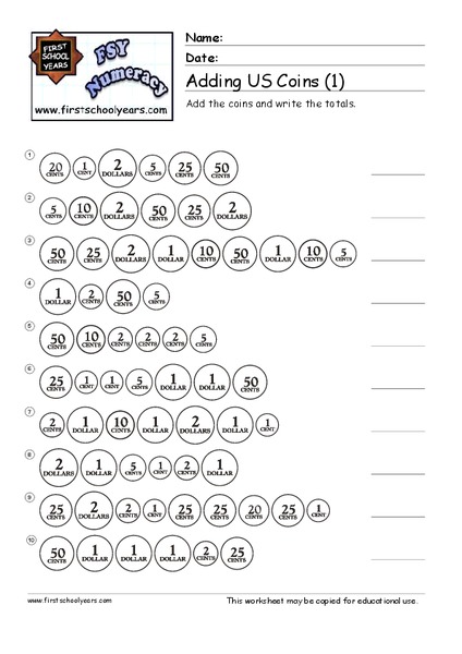 Adding US Coins Worksheet