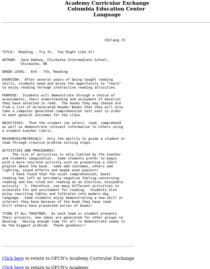 Reading...Try It, You Might Like It! Lesson Plan