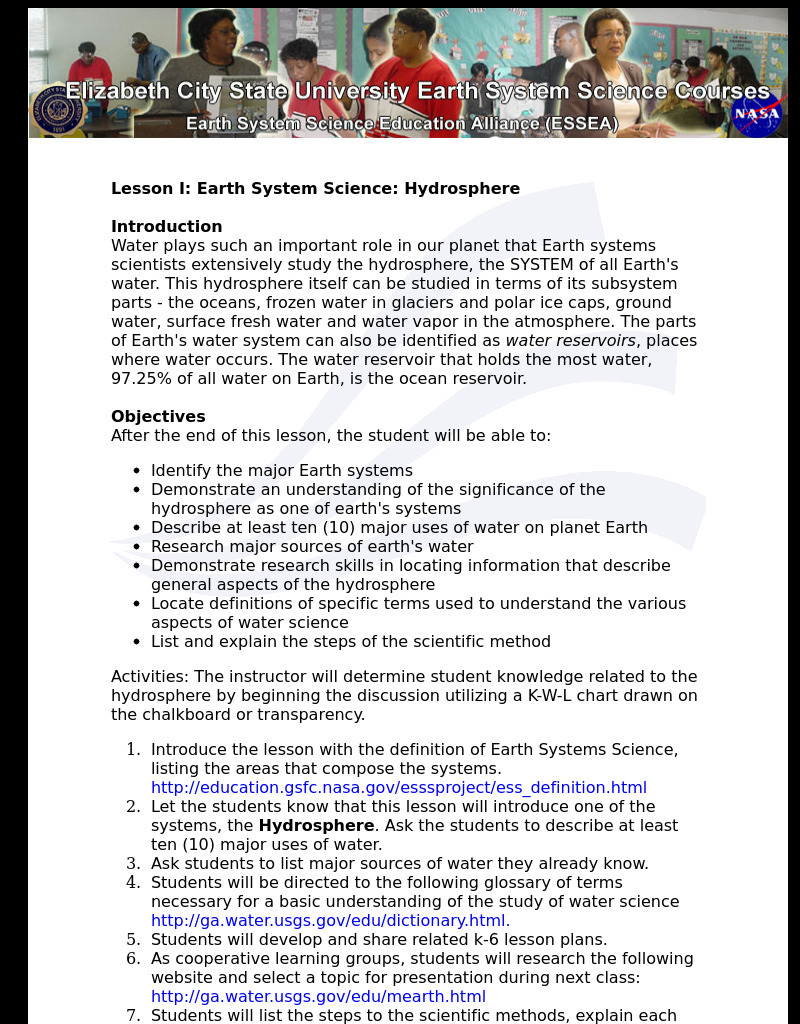Earth System Science:  Hydrosphere Lesson Plan