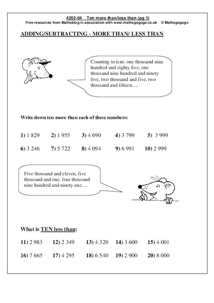Adding/Subtracting--More Than/Less Than Worksheet