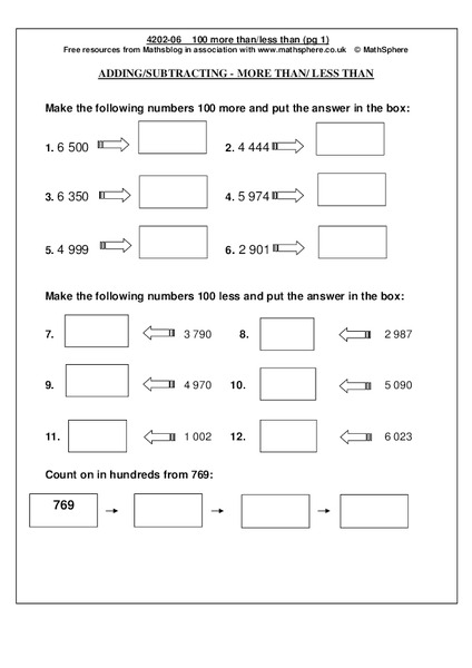 Adding/Subtracting--More Than/Less Than Worksheet