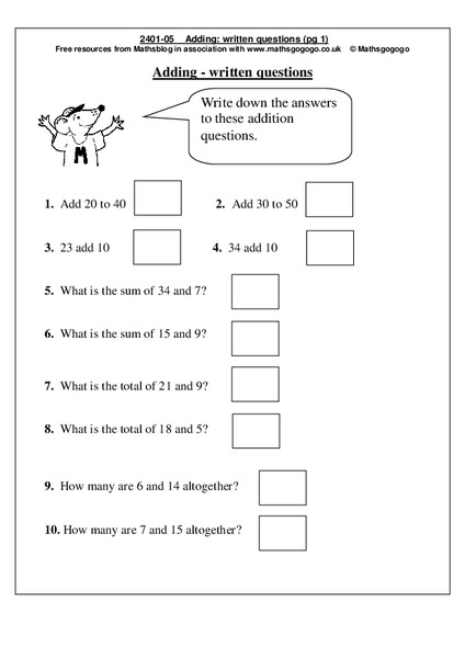 Adding: Written Questions Worksheet