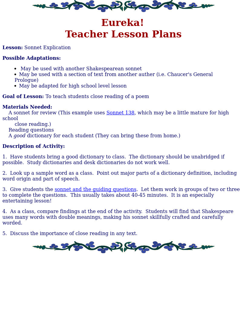 Sonnet Explication Lesson Plan