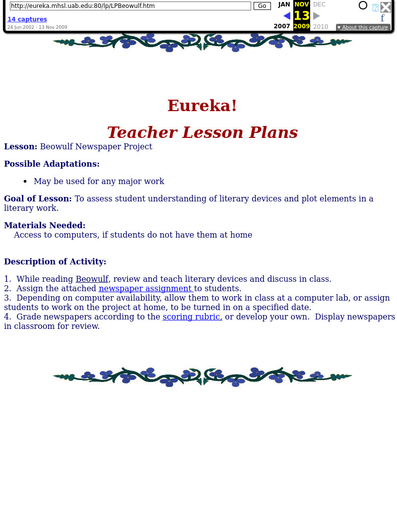 Beowulf Newspaper Project Lesson Plan