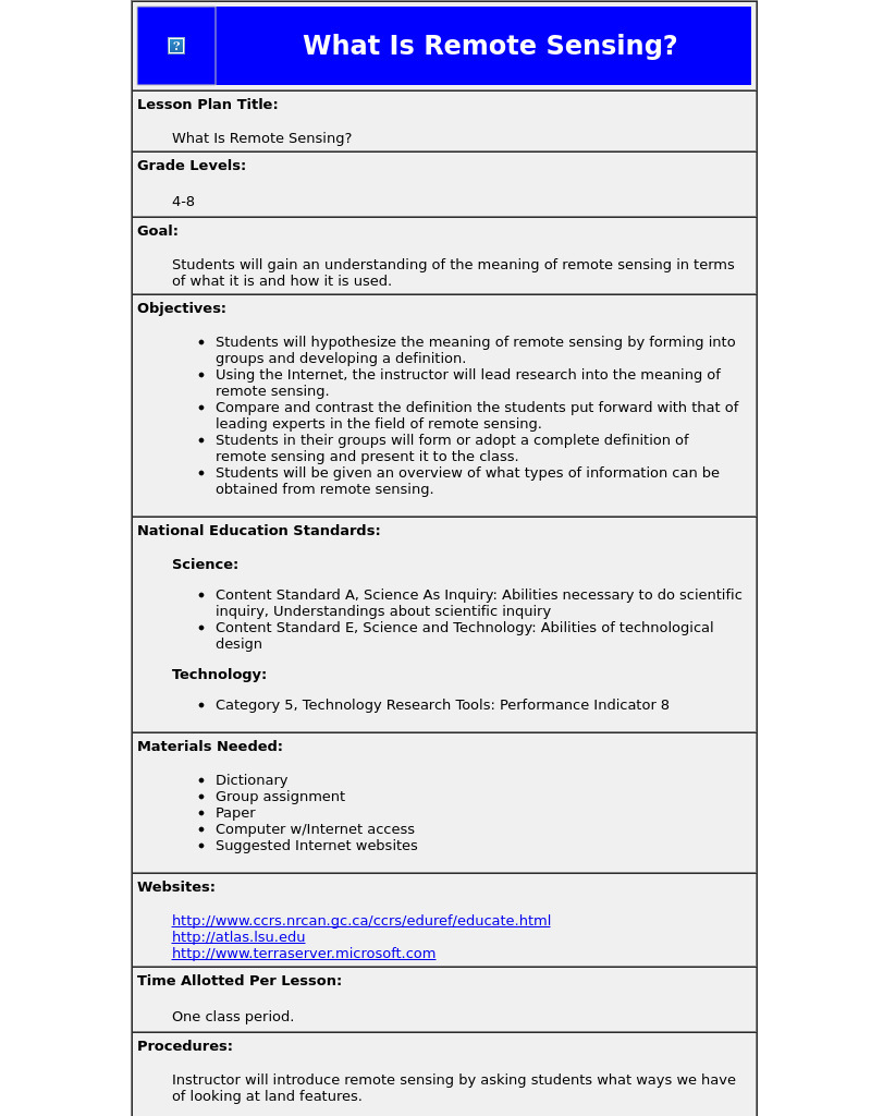 What is Remote Sensing? Lesson Plan