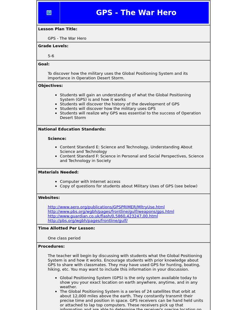GPS - The War Hero Lesson Plan