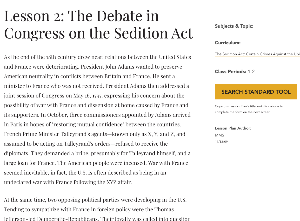 Lesson 2: The Debate in Congress on the Sedition Act Lesson Plan