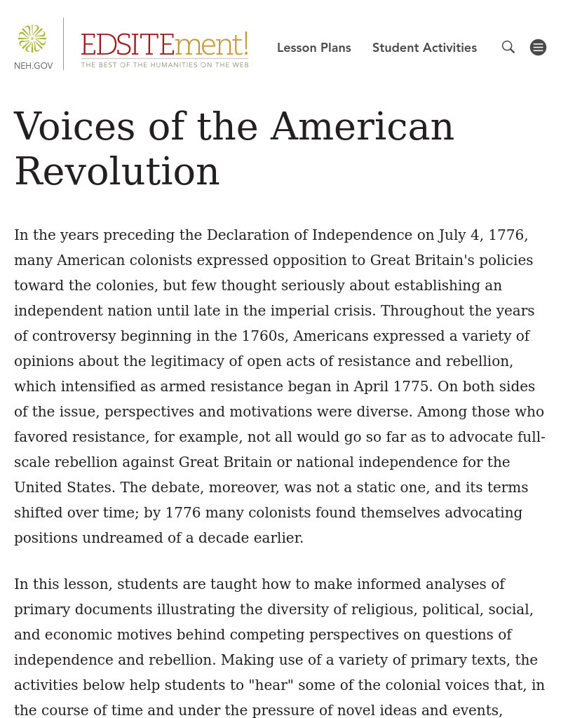 Voices of the American Revolution - Primary Documents Lesson Plan