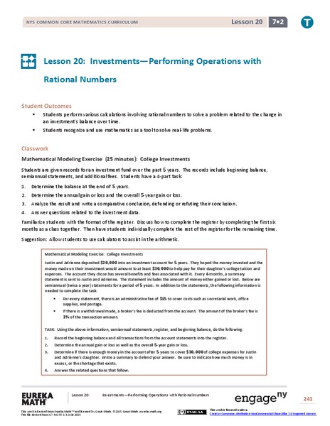Investments—Performing Operations with Rational Numbers Lesson Plan