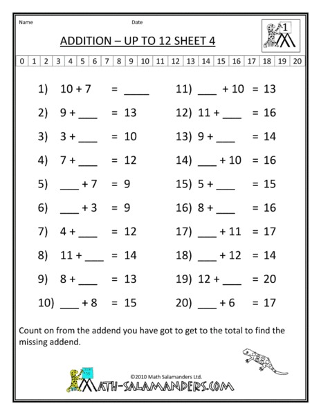 Addition - Up to 12 Sheet 4 Worksheet