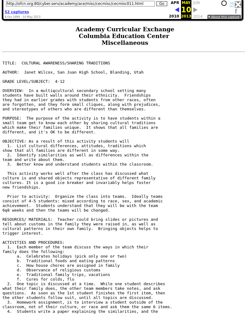 Cultural Awareness/ Sharing Traditions Lesson Plan