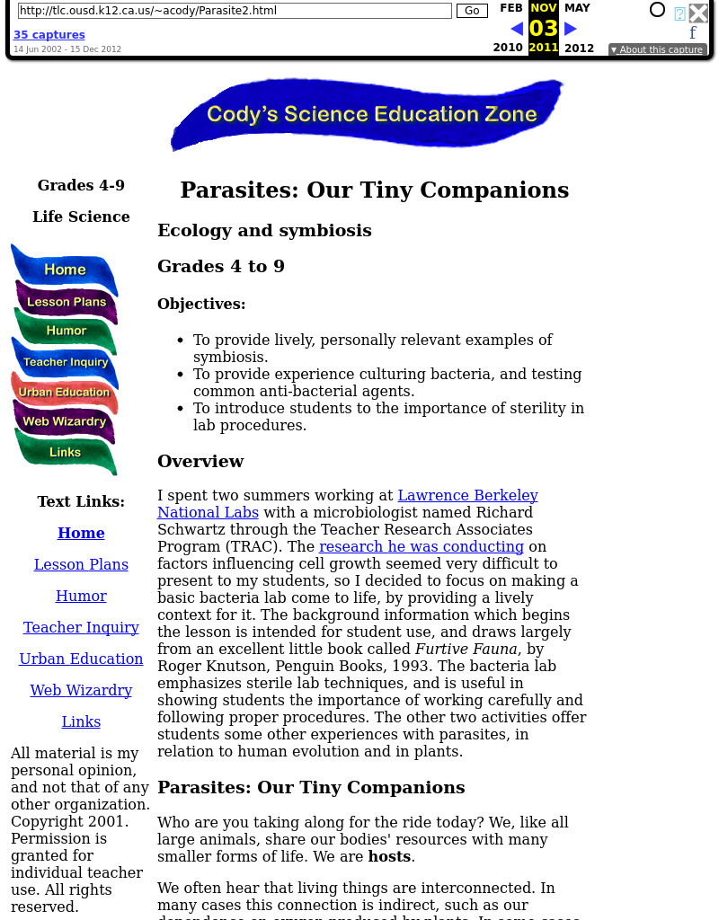 Parasites: Our Tiny Companions Lesson Plan