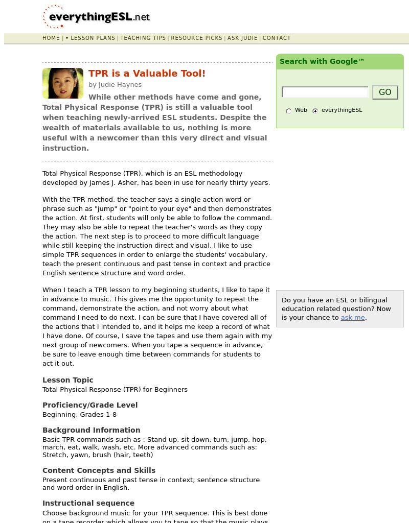 TPR is a Valuable Tool! Lesson Plan