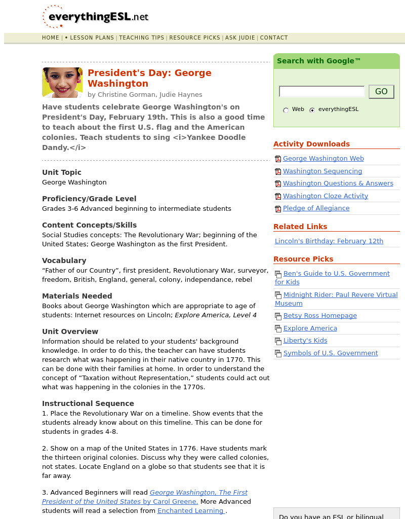 President's Day: George Washington Lesson Plan