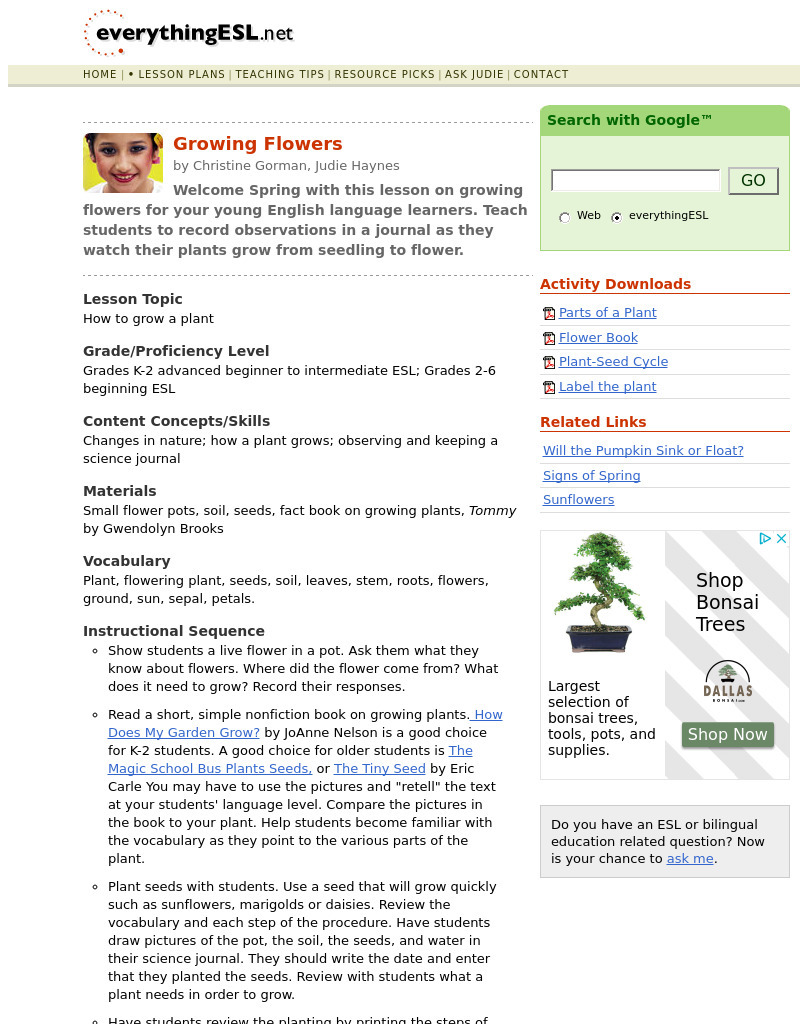 Growing Flowers Lesson Plan