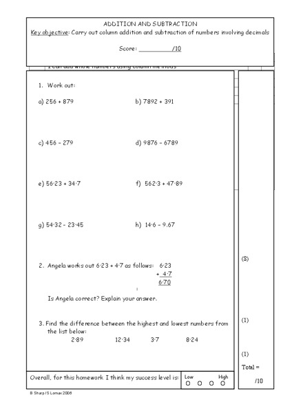 Addition and Subtraction Worksheet