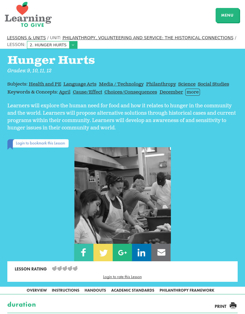Philanthropy, Volunteering And Service: the Historical Connections Lesson 2:  Hunger Hurts Lesson Plan