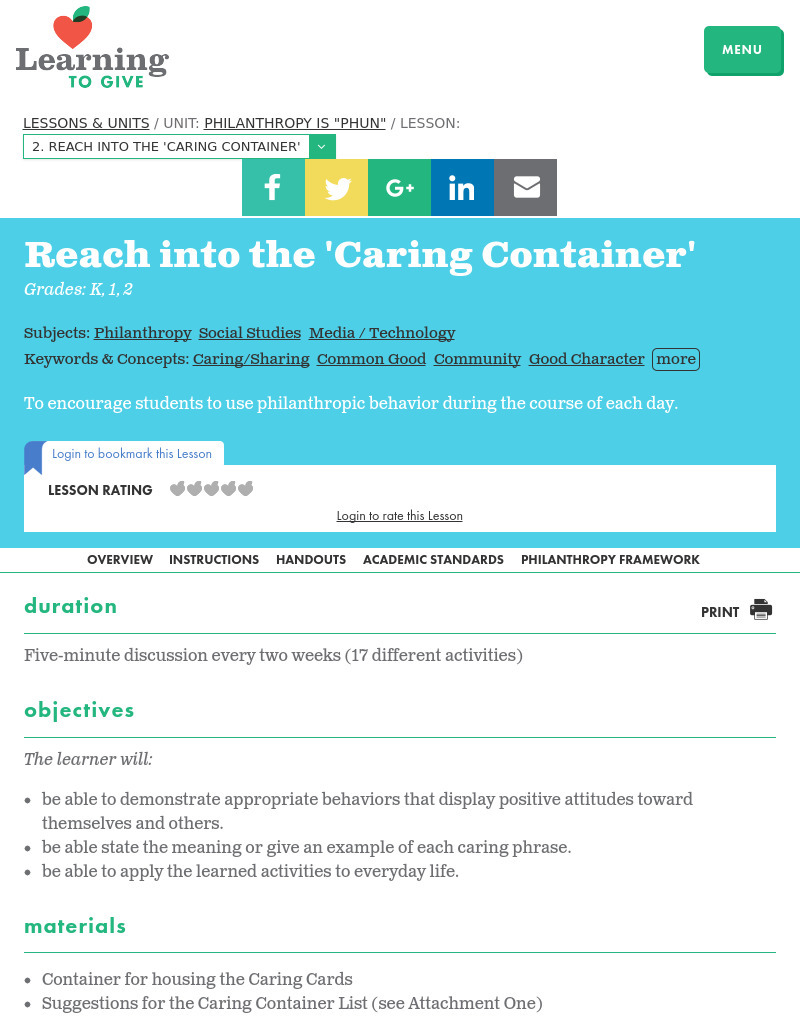 Philanthropy is "Phun" Lesson 2:  Reach Into the 'caring Container' Lesson Plan