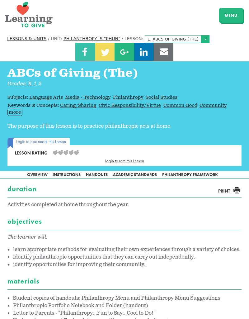 Philanthropy is "Phun" Lesson 1:  ABC's of Giving Lesson Plan