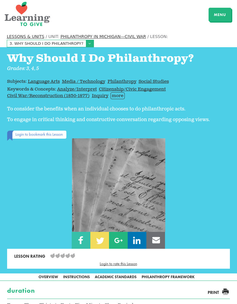 Philanthropy in Michigan? Civil War Lesson 3:  Why Should I Do Philanthropy? Lesson Plan