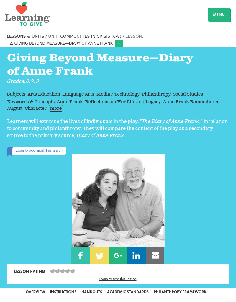 Giving Beyond Measure-The Diary of Anne Frank Lesson Plan