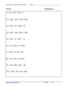 Addition and Subtraction of Polynomials Worksheet