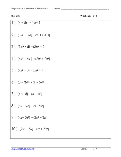 Addition and Subtraction of Polynomials Worksheet