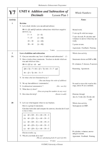 Addition And Subtraction of Decimals Lesson Plan