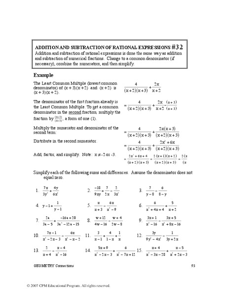 Addition and Subtraction of Rational Expressions Worksheet