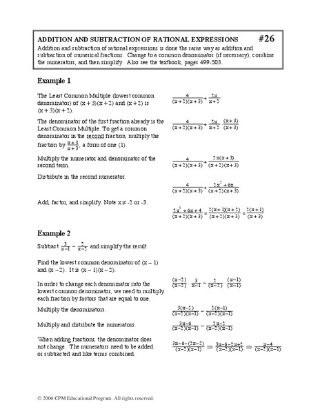 Addition and Subtraction of Rational Expressions Worksheet