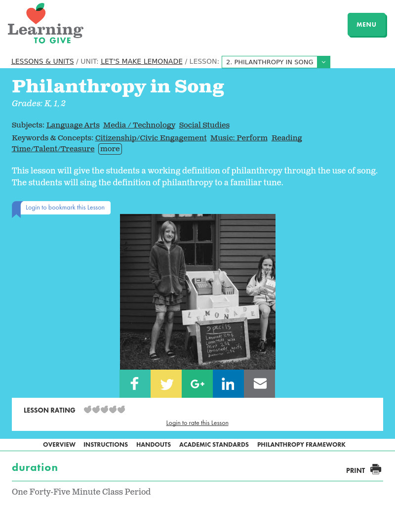 Let's Make Lemonade Lesson 2:  Philanthropy in Song Lesson Plan