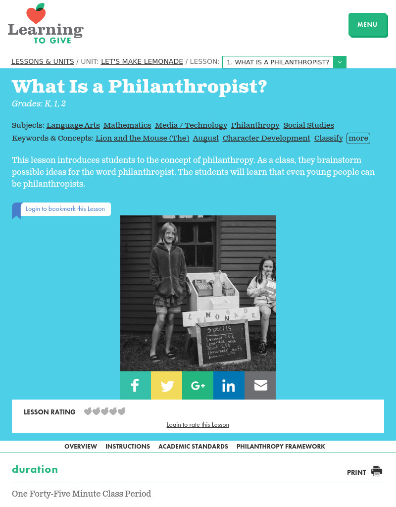 Let's Make Lemonade Lesson 1:  What is a Philanthropist? Lesson Plan