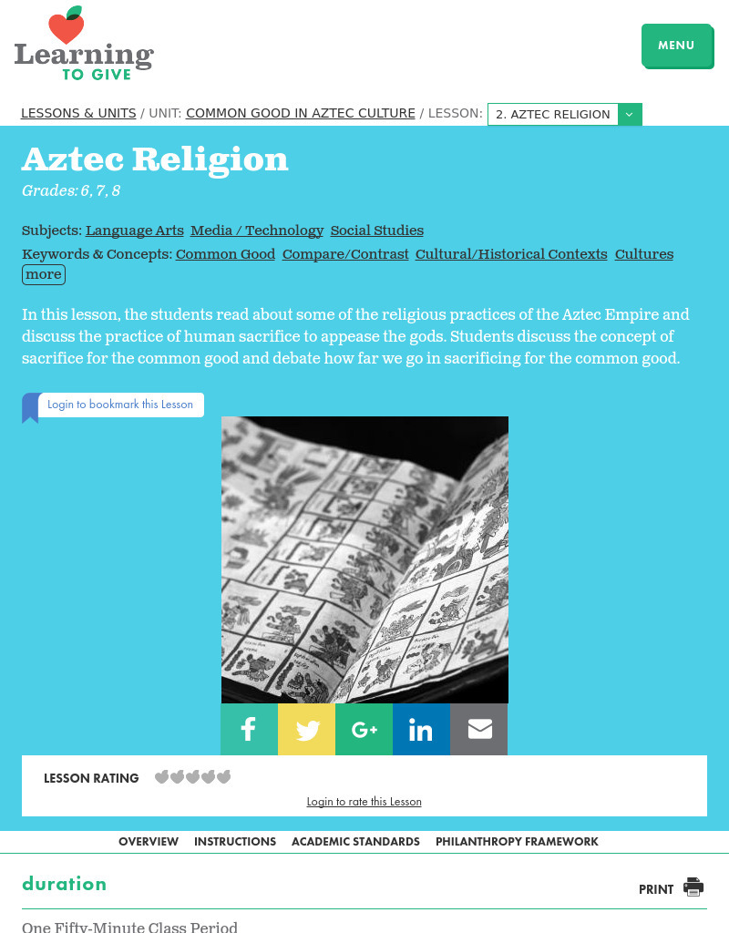 Common Good in Aztec Culture Lesson 2:  Aztec Religion Lesson Plan