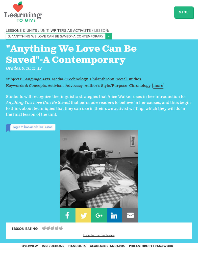 "Anything We Love Can Be Saved" -- A Contemporary Lesson Plan