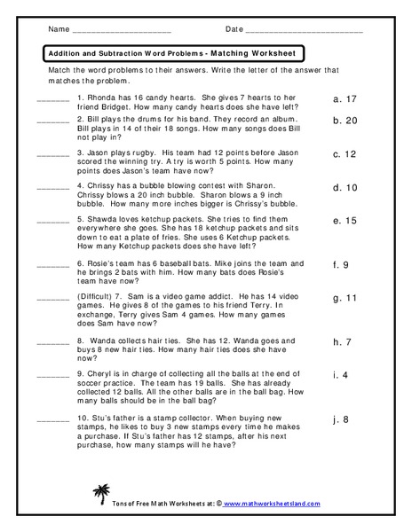 Addition and Subtraction Word Problems Worksheet