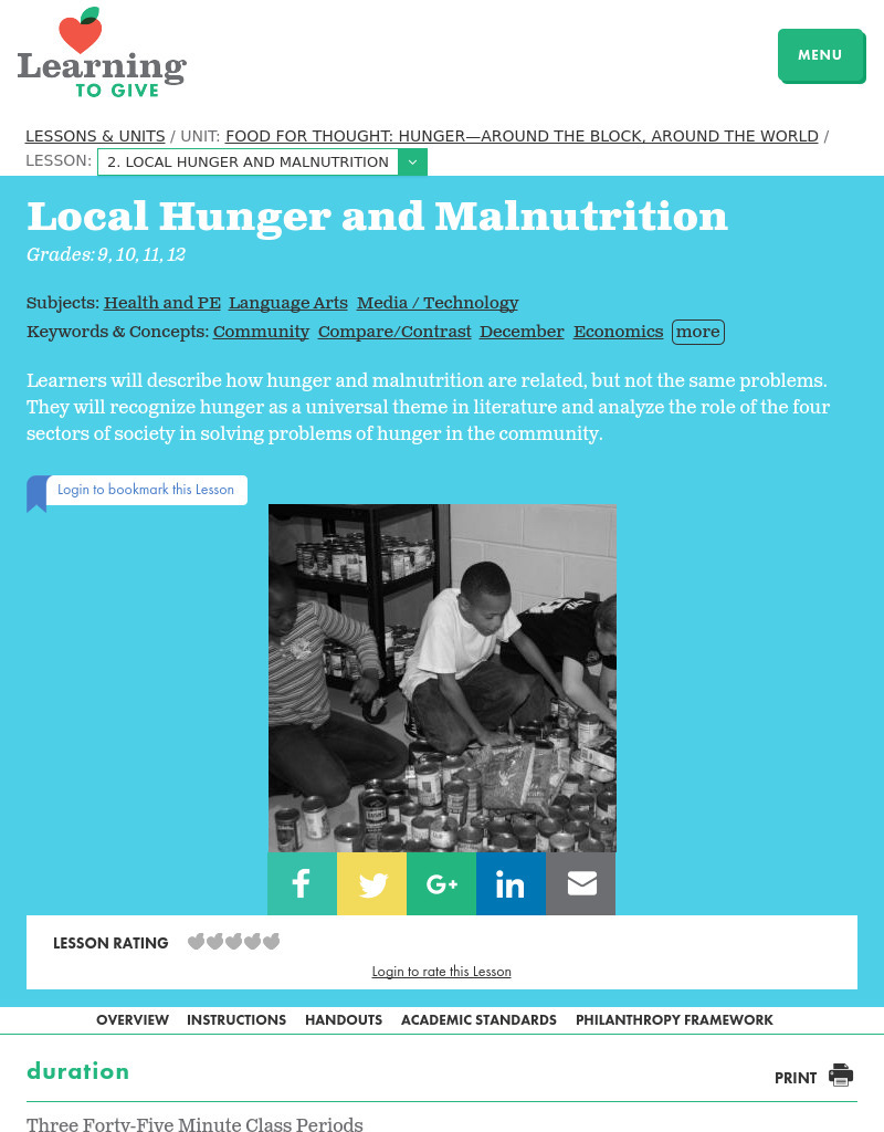 Food for Thought: Hunger???Around the Block, Around the World LESSON 2:  Local Hunger and Malnutrition Lesson Plan