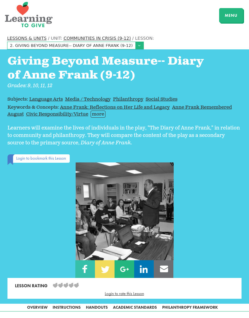 Giving Beyond Measure-- Diary of Anne Frank Lesson Plan