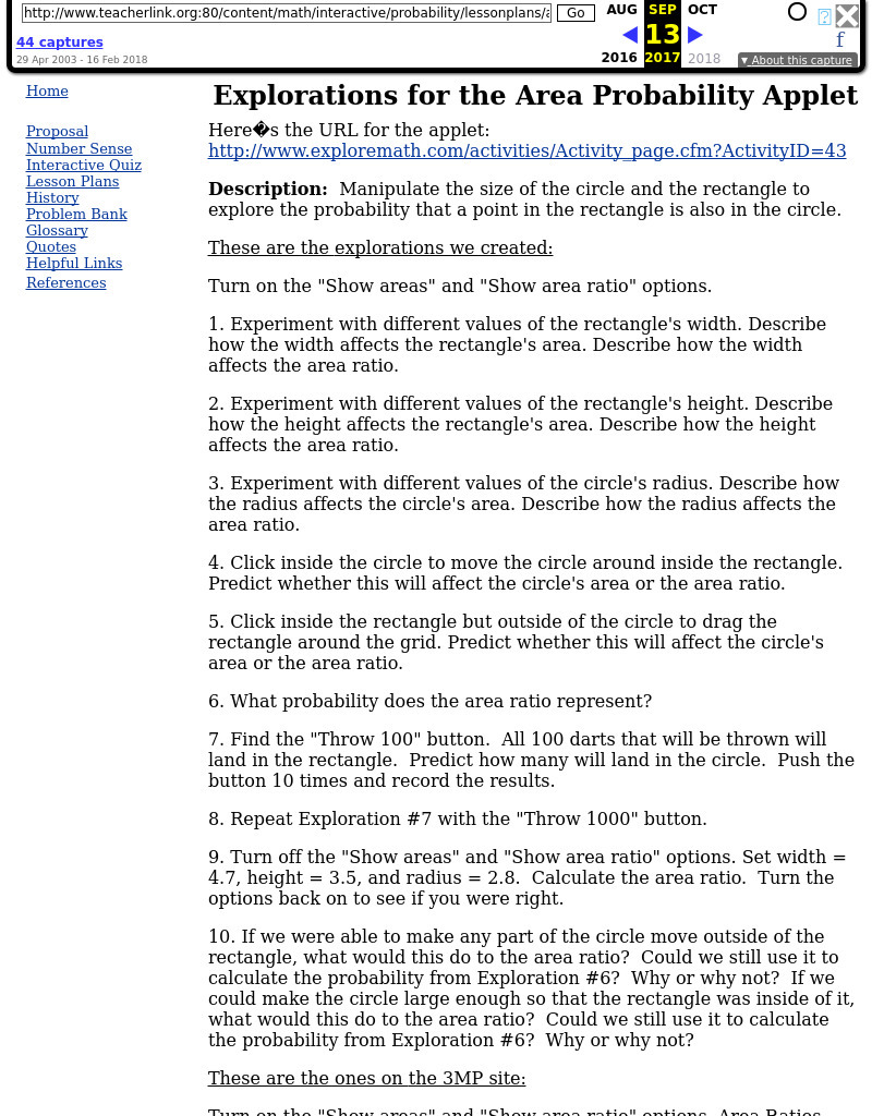 Explorations for the Area Probability Applet Lesson Plan