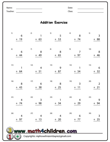 Addition Exercise Worksheet